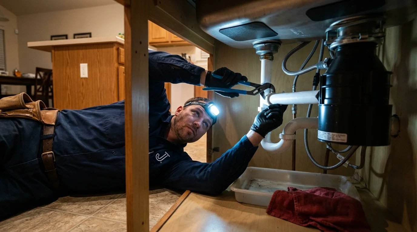 P-trap and supply line connections under a kitchen sink showing a common leak point in Pegram, TN